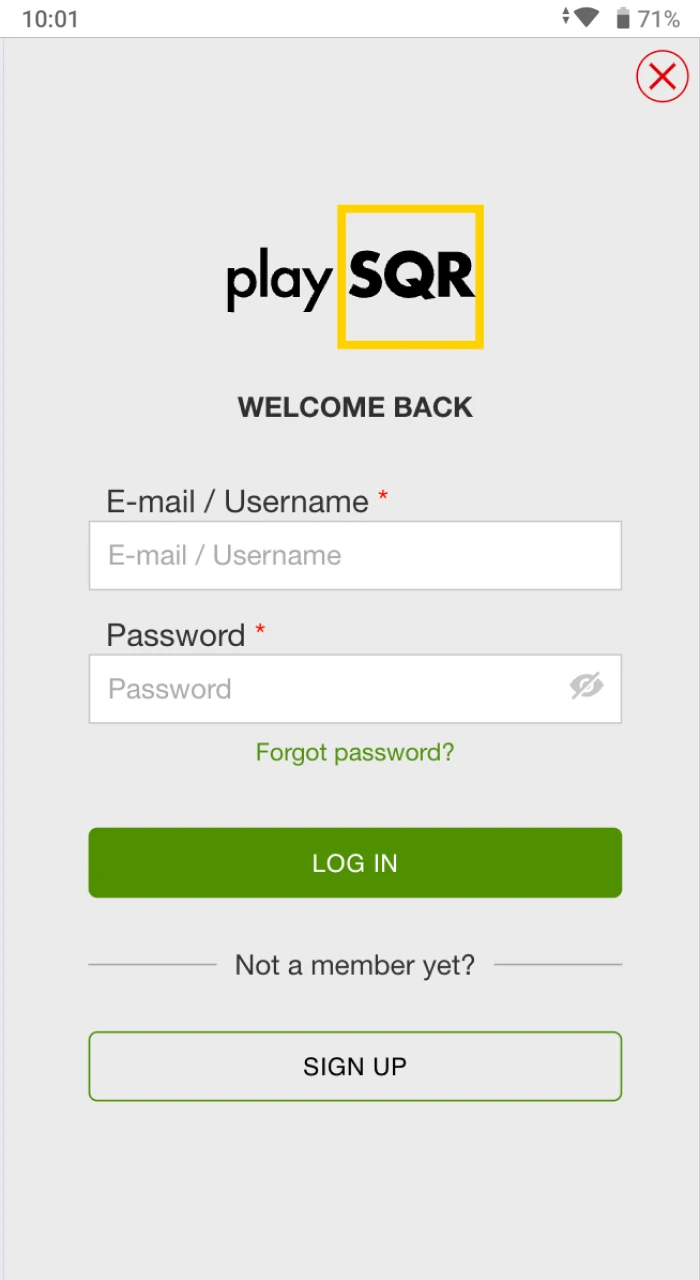 Authorization in the PlaySQR online casino mobile application.